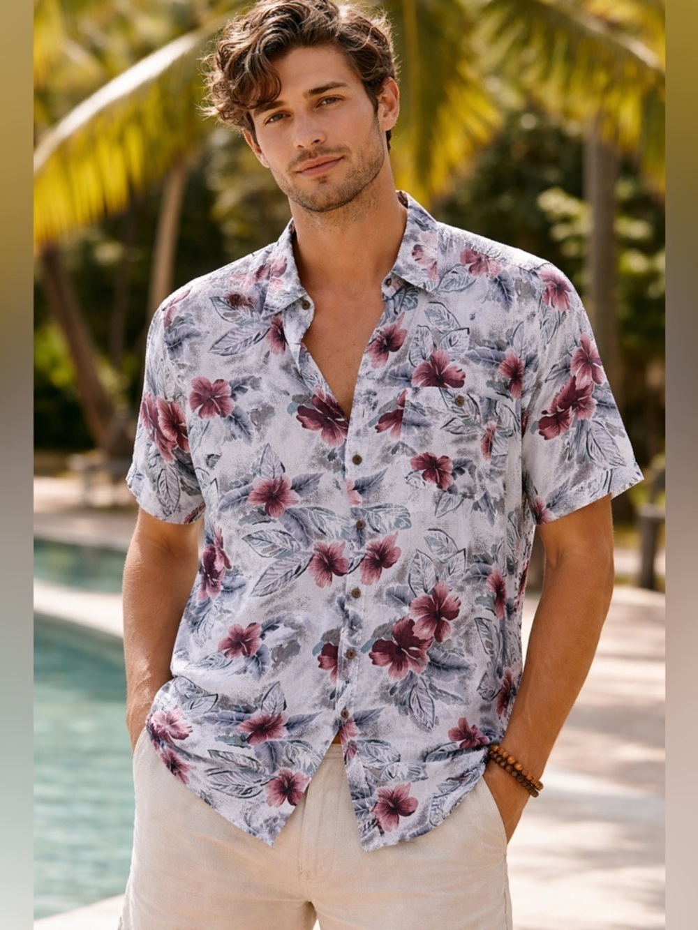 Men’s Floral Short-Sleeve Hawaiian Shirt - Pink Flowers size S